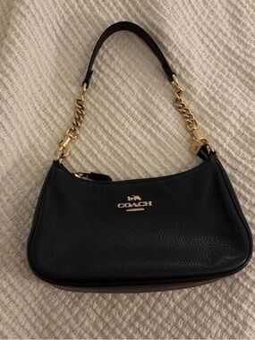 Coach Black Pebbled Leather Shoulder Bag with Gold-Tone Chain Strap
